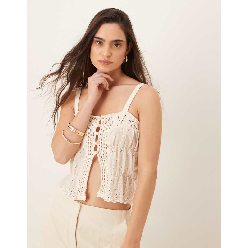 Mango crochet tie front knitted cami top in light beige-Neutral 105672294