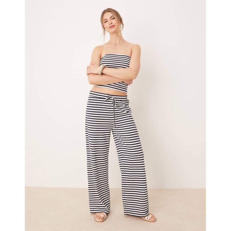 ASOS DESIGN low rise wide leg trouser co-ord in navy and white stripe 105672314