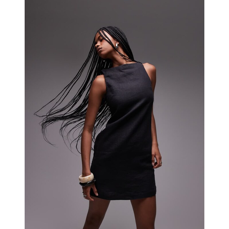 & Other Stories linen mini dress with boat neck in black 105671970