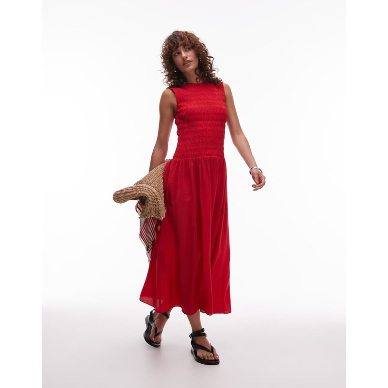 Mango shirred body dropped waist midi dress in red 105768012