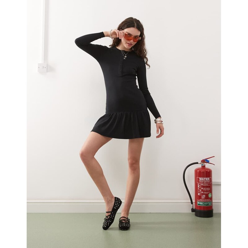 COLLUSION dropped waist henley rib mini dress in black 113260994