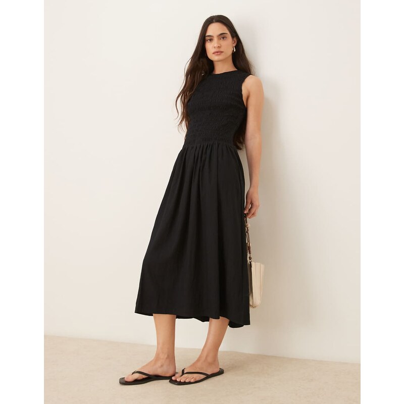 Mango shirred body dropped waist midi dress in black 105672379