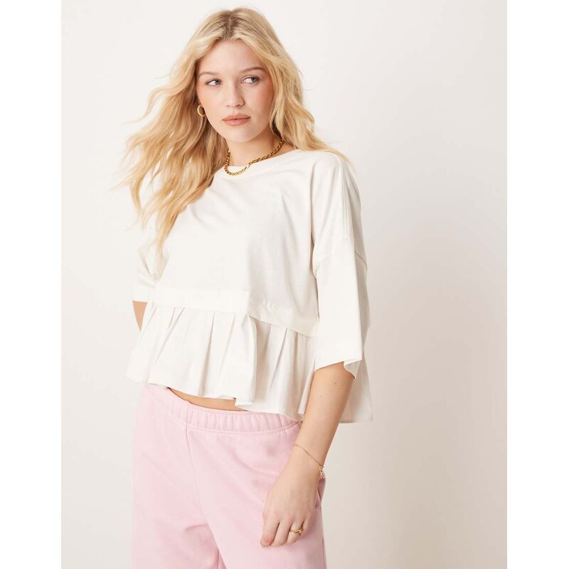 ASOS DESIGN cropped tee with poplin skirt hem in cream-White 105682470