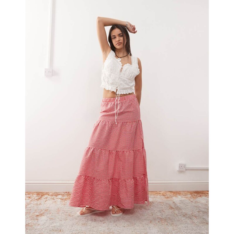 Noisy May tiered maxi skirt in red gingham 105985657