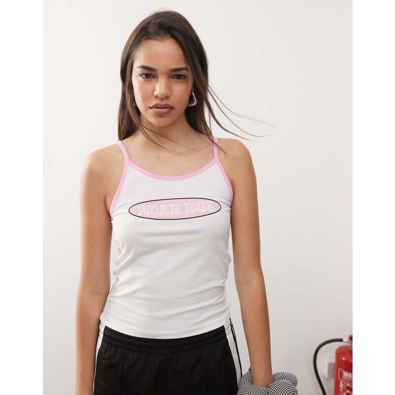 Noisy May contrast trim cami top with world tour print in white 114159645