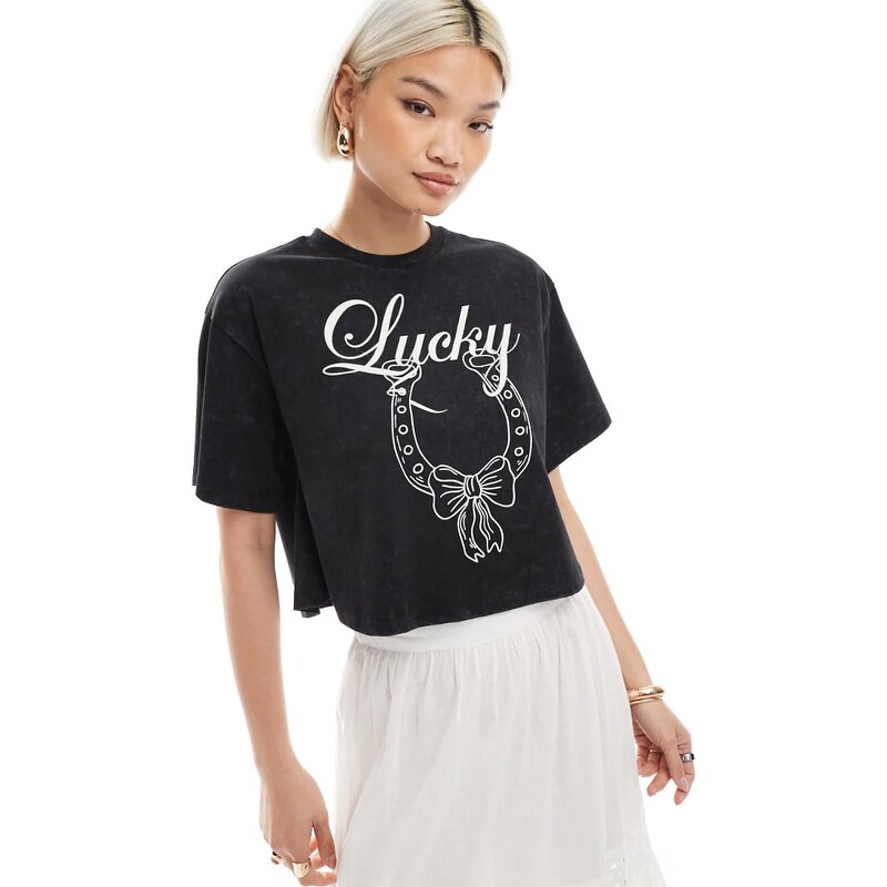 Miss Selfridge acid wash lucky horseshoe loose wide crop tee in black 115001432