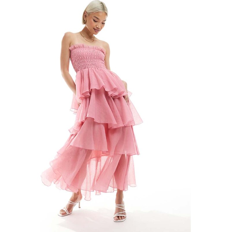 Vero Moda shirred bodice tiered ruffle hem maxi dress in pink 105682608