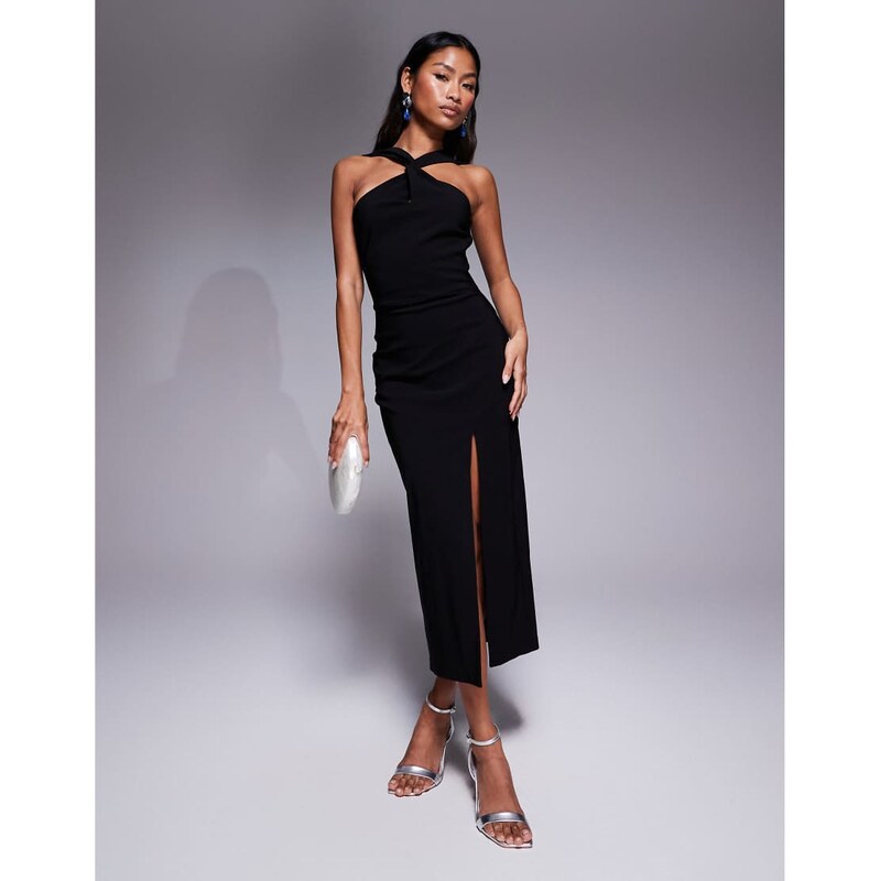 Vesper bengaline twist front halter neck side split midaxi dress