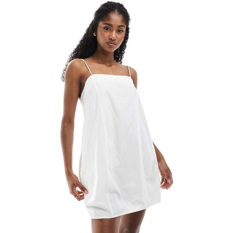 Monki cotton poplin mini dress with tie straps in white