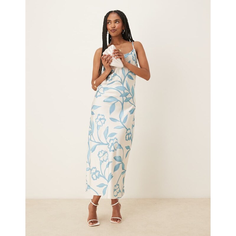 AWARE maxi slip dress in blue illustrative floral print 105686826
