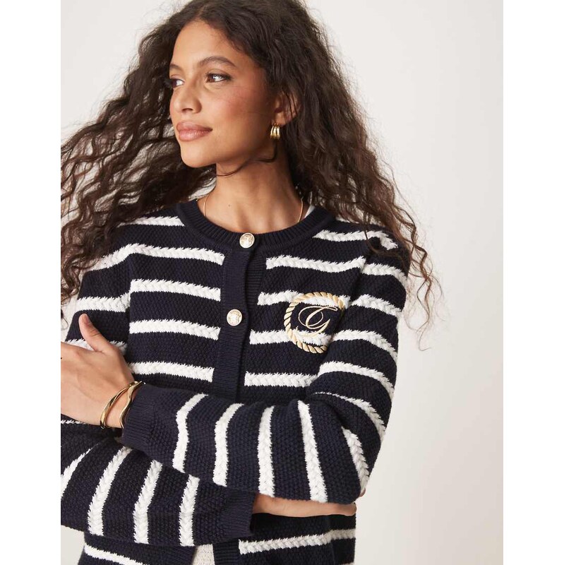 GANT crew neck logo cardigan in navy stripe 105686831