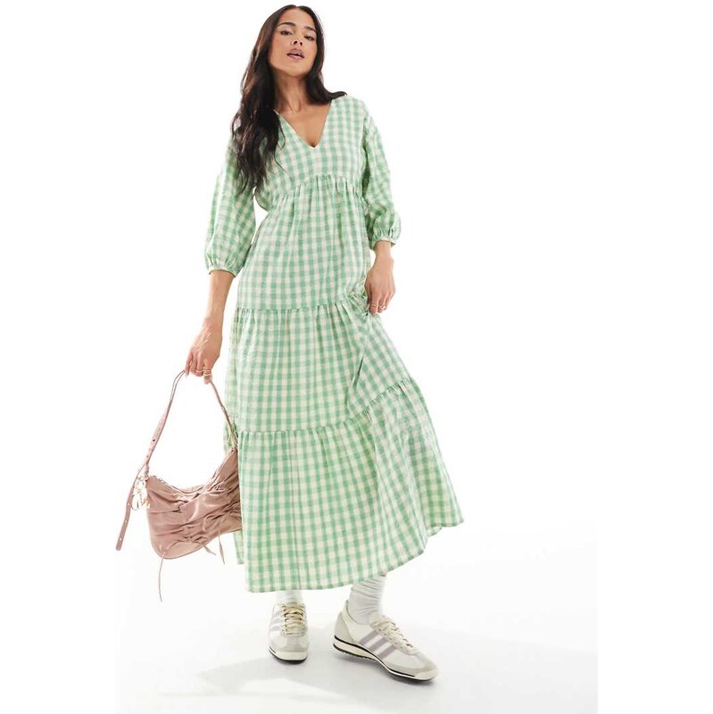 New Look v-neck smock midi dress in green gingham