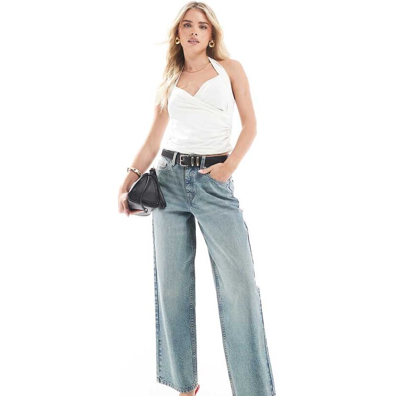 Miss Selfridge Petite baggy jean in dirty wash-Blue 115640222