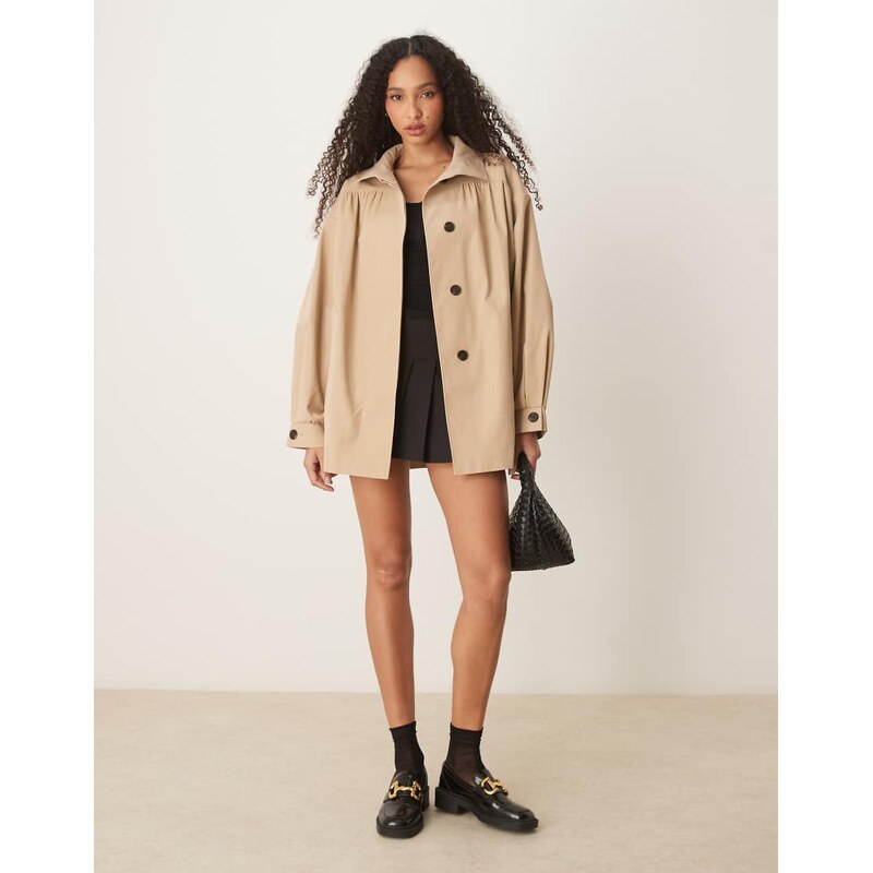ASOS DESIGN gathered shoulder short trench coat in stone-No colour 114691598