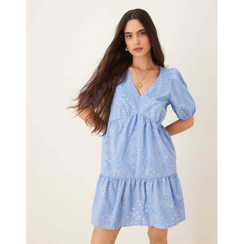 JDY embroidery details tiered mini dress in blue