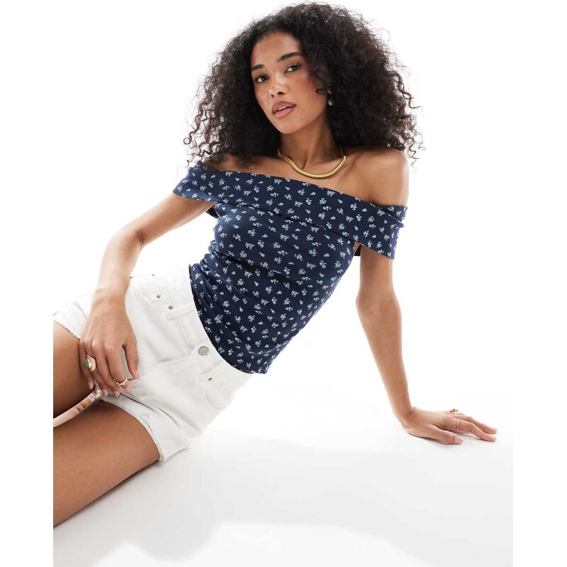 Hollister off the shoulder short sleeve top in navy ditsy floral print 105693512