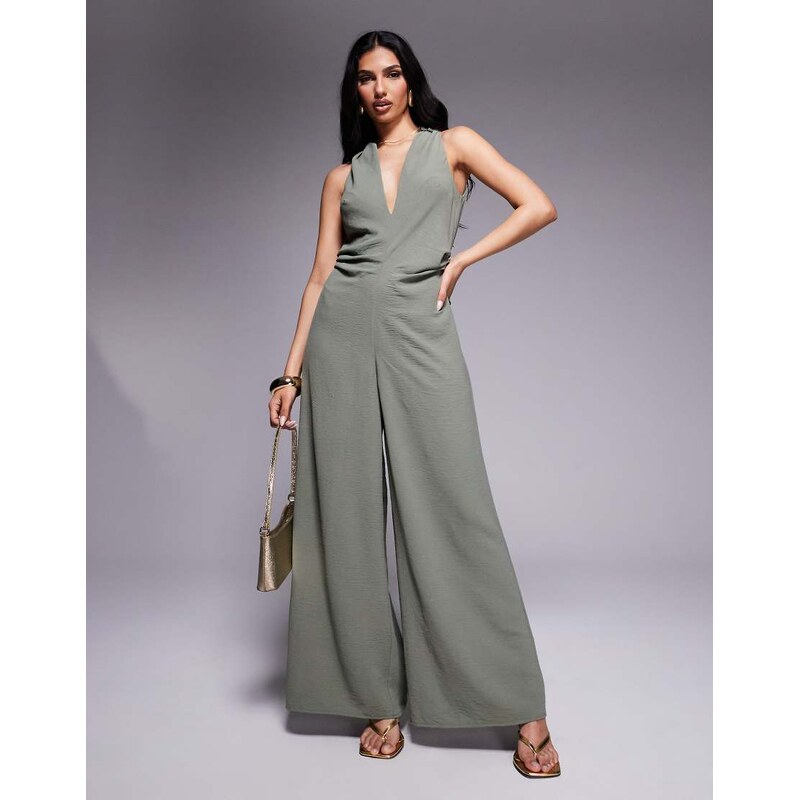 ASOS DESIGN ruched waist detail v neck jumpsuit in khaki-Multi
