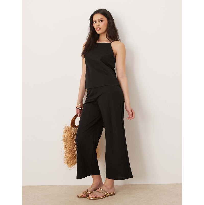 Mango linen mix elasticated waist wide leg trouser co-ord in black 105691185