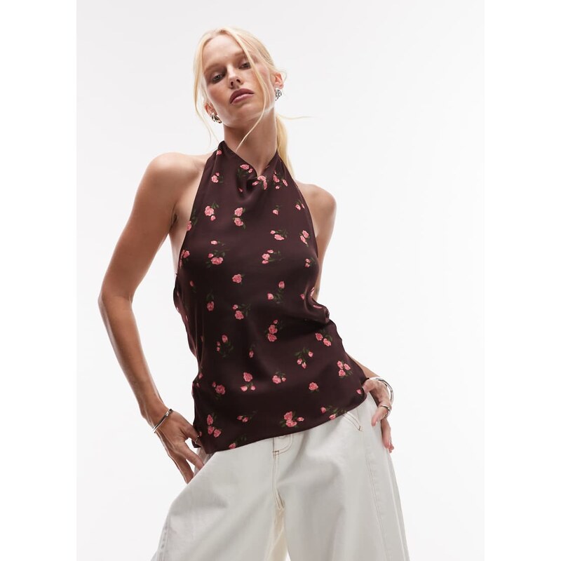 Mango satin open back drape neck floral print top in chocolate-Brown 105691207