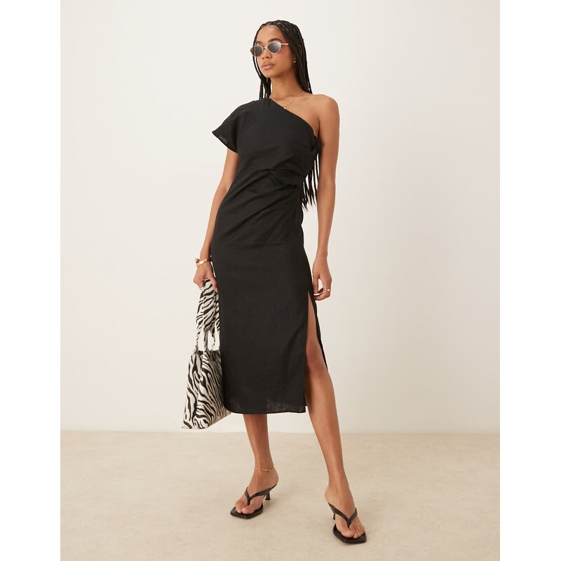 Mango one shoulder ruched waist linen dress in black 105691212