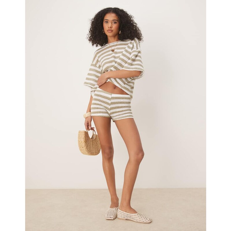 ASOS DESIGN knit co-ord micro short in khaki and white stripe-Multi 105691404