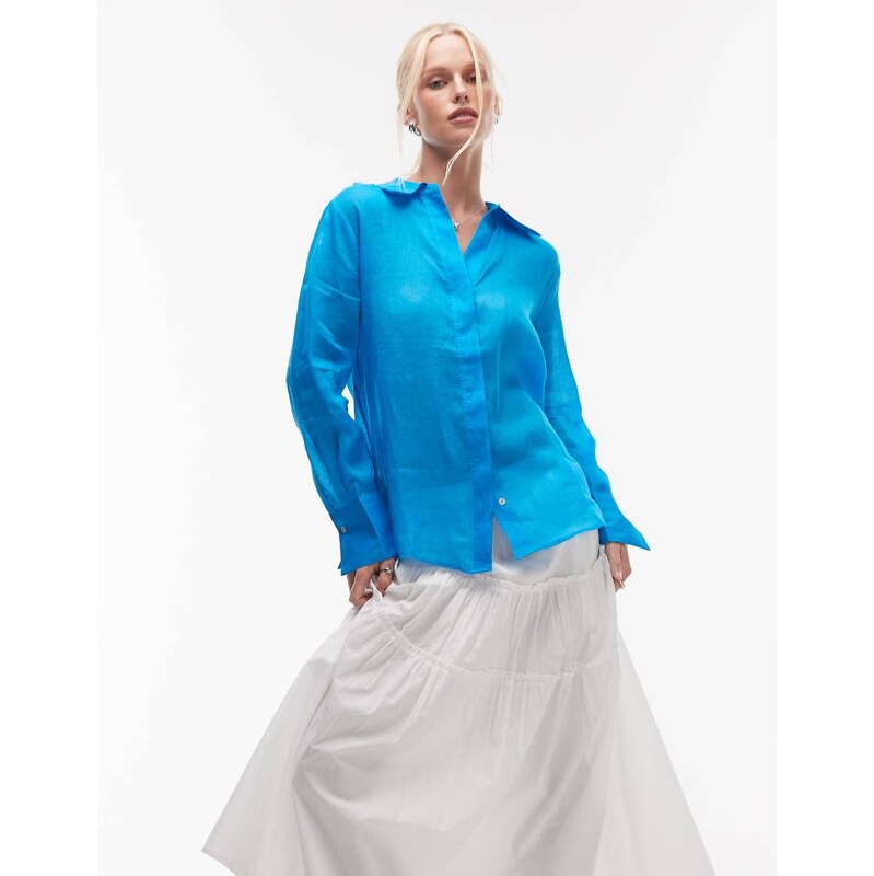 Mango ramie semi sheer long sleeve shirt in bright blue 105691411