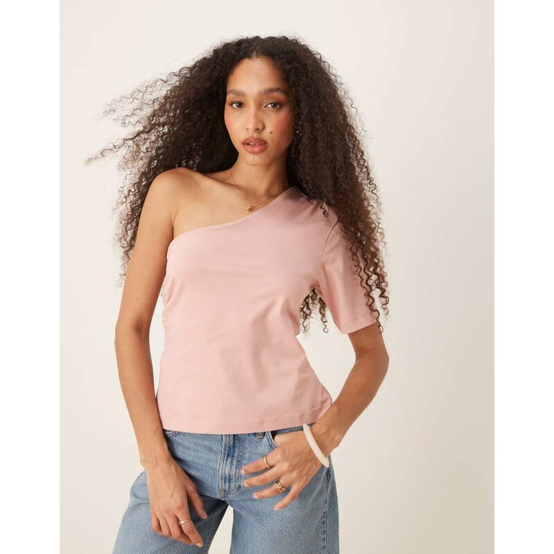 ASOS DESIGN one shoulder ruched waist top in dusty pink 105691420