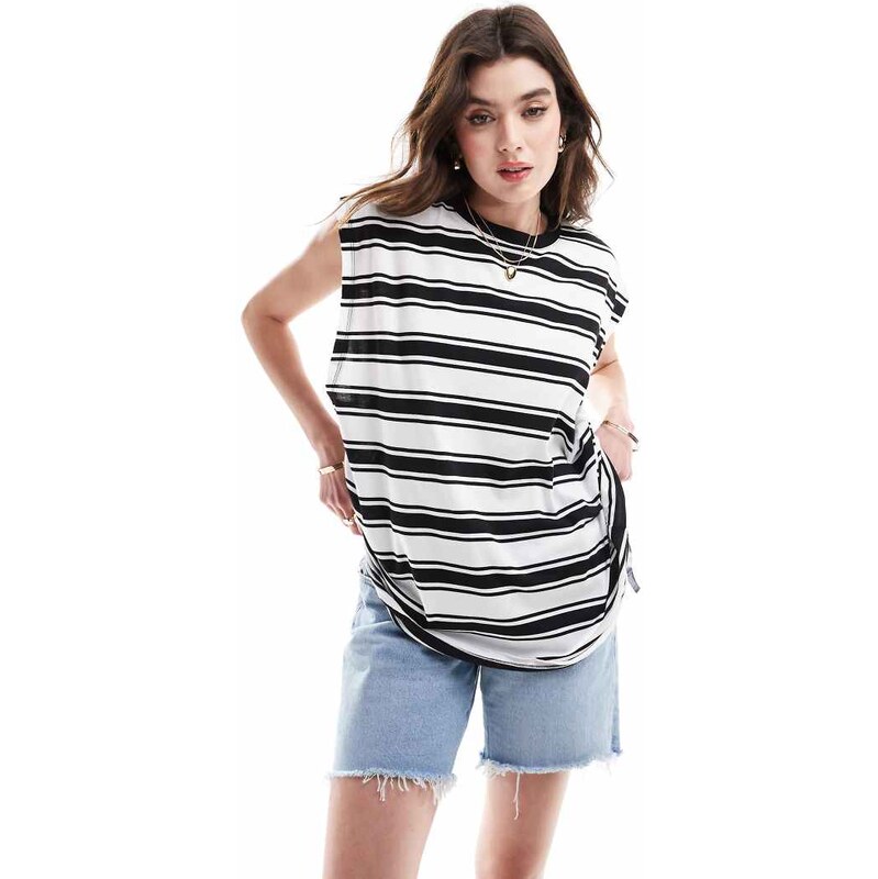 ASOS DESIGN oversized tank with drop arm hole in mono stripe-Multi 105693320