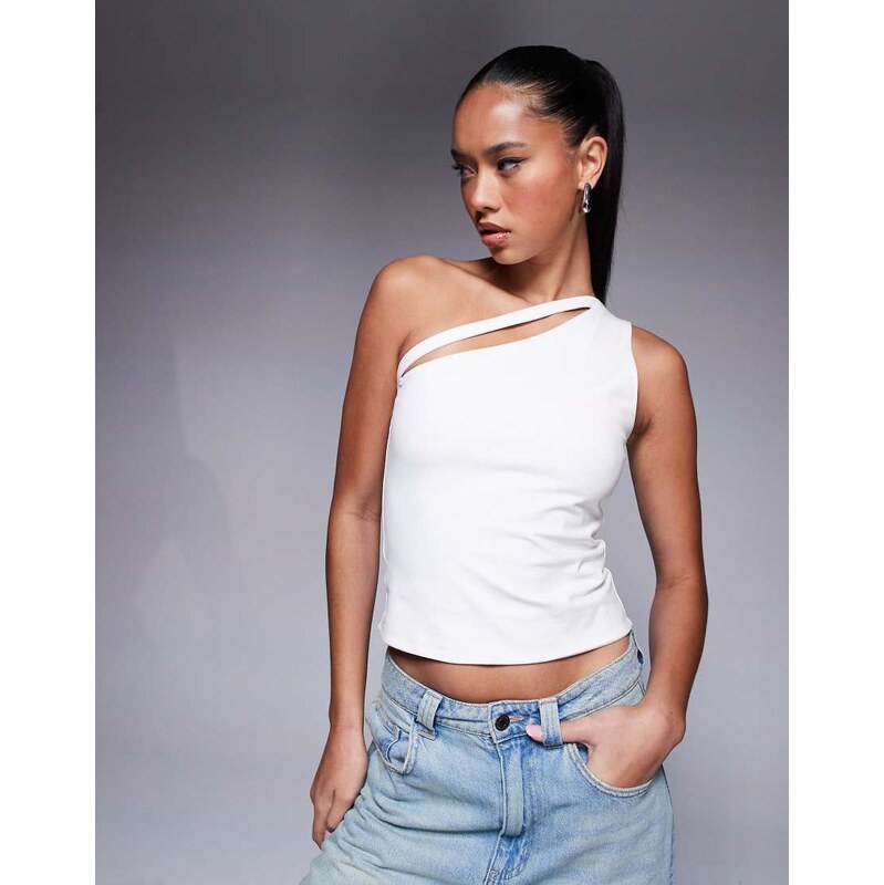 ASOS DESIGN double layer one shoulder top with strap detail in white 105693438
