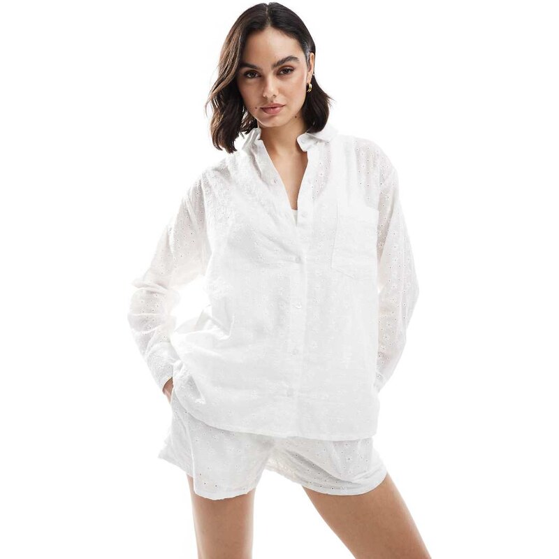 Daisy Street oversized broderie shirt in white co-ord 105693452