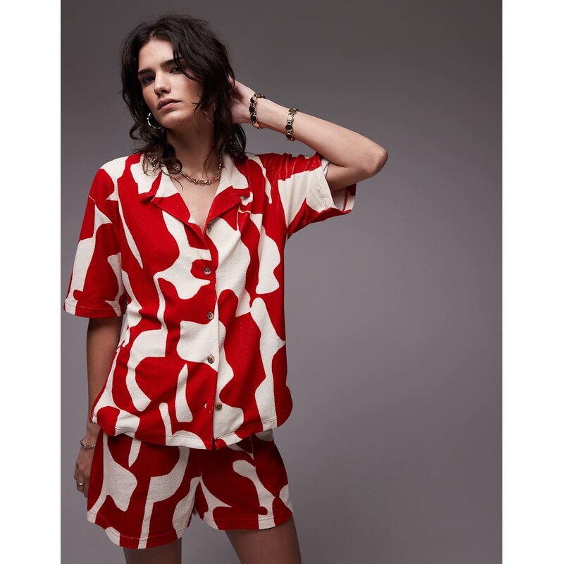 Topshop abstract print towelling boxy shirt co-ord in red 112696503
