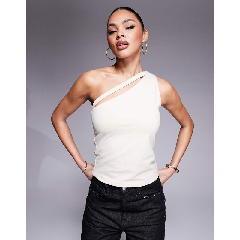 ASOS DESIGN double layer one shoulder top with strap detail in stone 105693591
