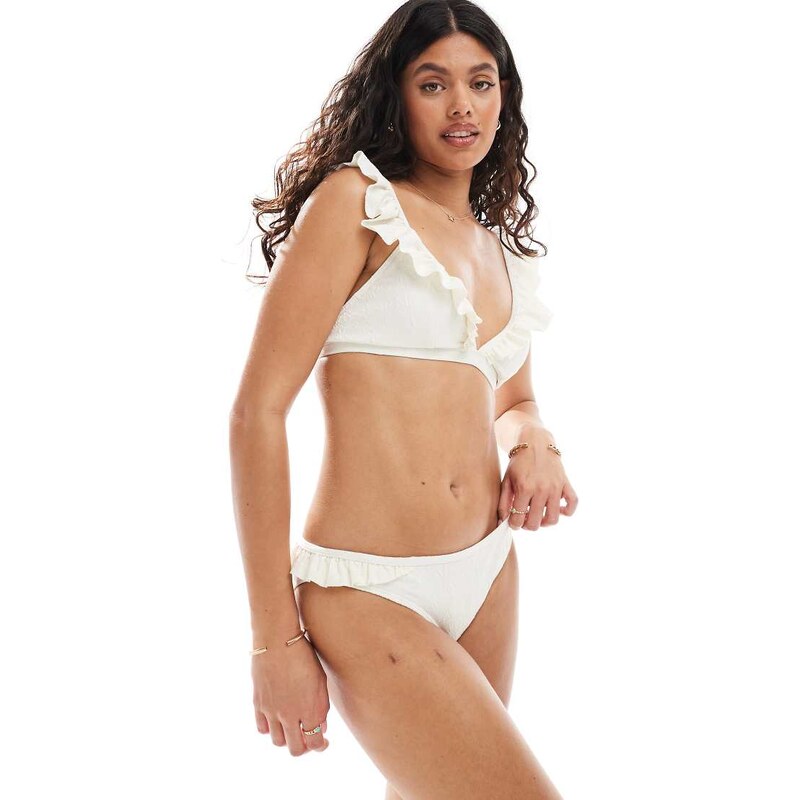 Pieces jaquard flower detail ruffle bikini bottom co-ord in cream 115531754
