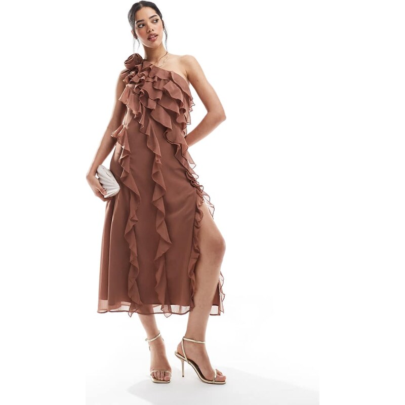 French Connection Oskar ruffle one shoulder midaxi dress in mocha 105920972