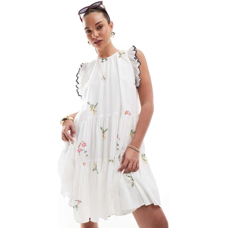 French Connection tiered mini dress with embroidery in white 105906864