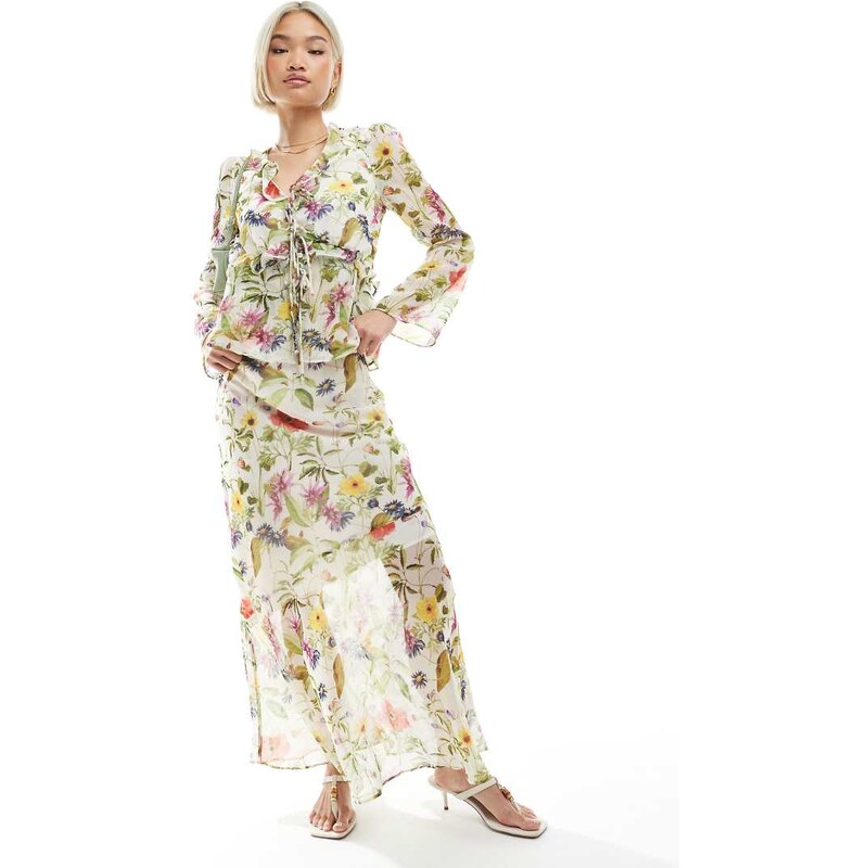 French Connection Hallie maxi skirt co-ord in white floral print-Multi 105926400