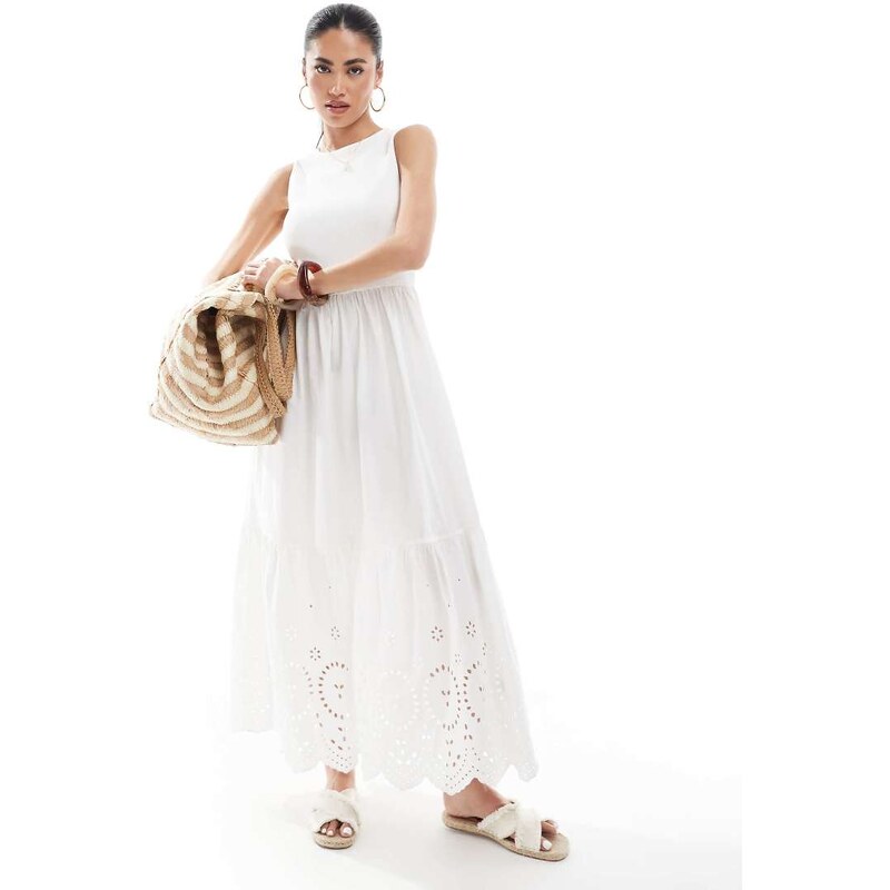 New Look ribbed racer embroidered midi dress in white