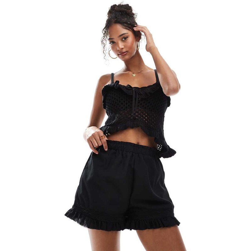 Brave Soul pull on shorts with frill detail in black 105788608