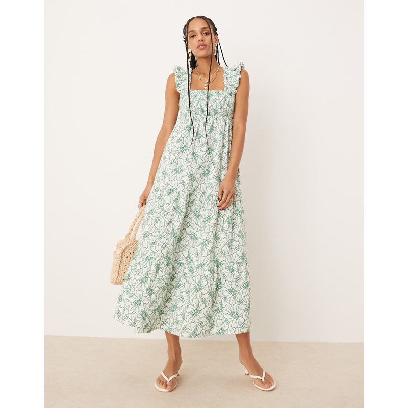 Nobodys Child Maya ruffle shoulder tiered midi dress in green