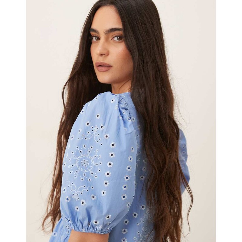 JDY embroidery details tiered mini dress in blue