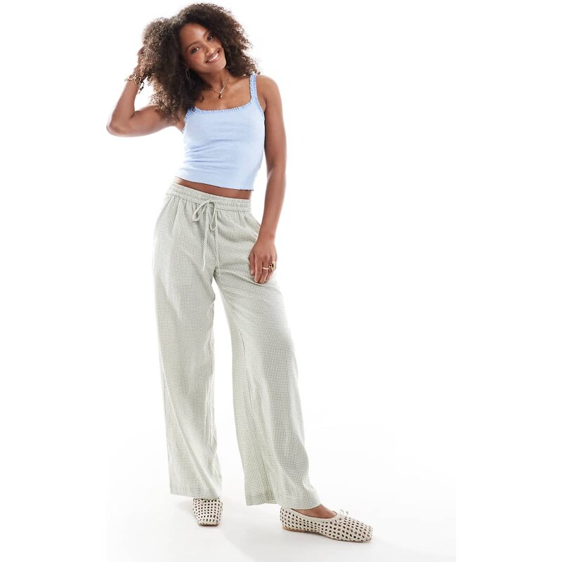 Cotton On 90s haven wide leg linen look trousers in micro green check 105695641