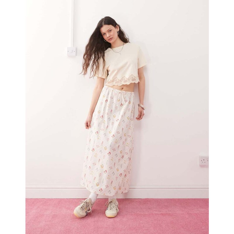 Miss Selfridge linen midi slip skirt in cream floral print-Multi