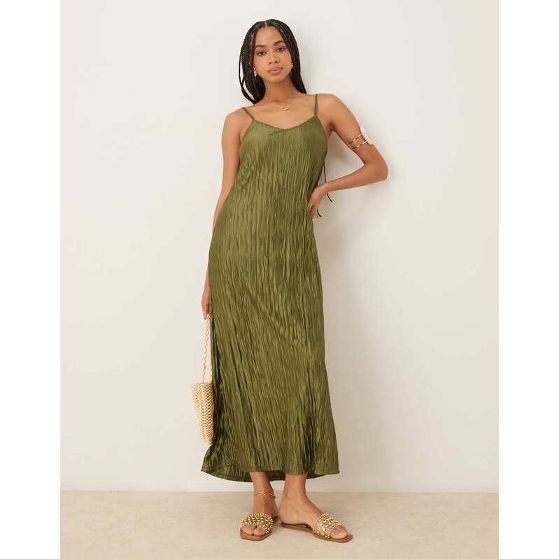 Vila plisse cami maxi slip dress in olive green