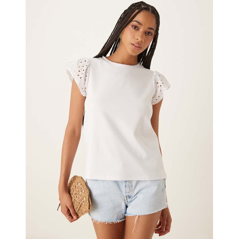 Vila broderie flutter sleeve jersey top in white 105695545