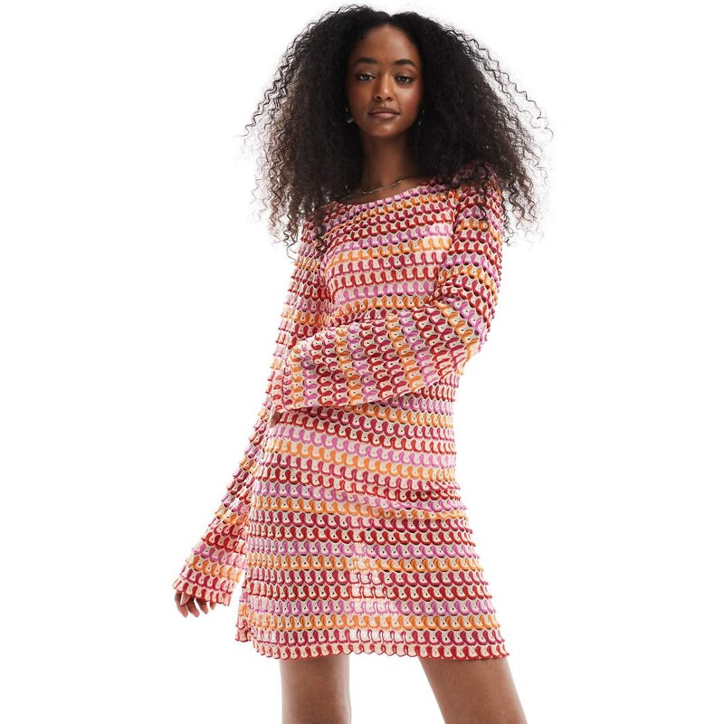 Pieces crochet long sleeve mini dress in red and orange stripe 105695583