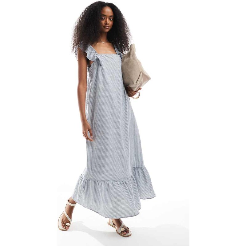 Pieces flutter strap tiered cami maxi dress in blue stripe