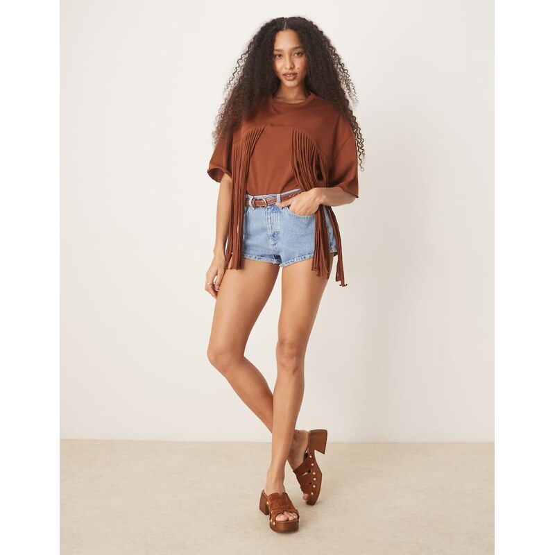 ASOS DESIGN boxy cropped t-shirt with fringe detail in chocolate-Multi