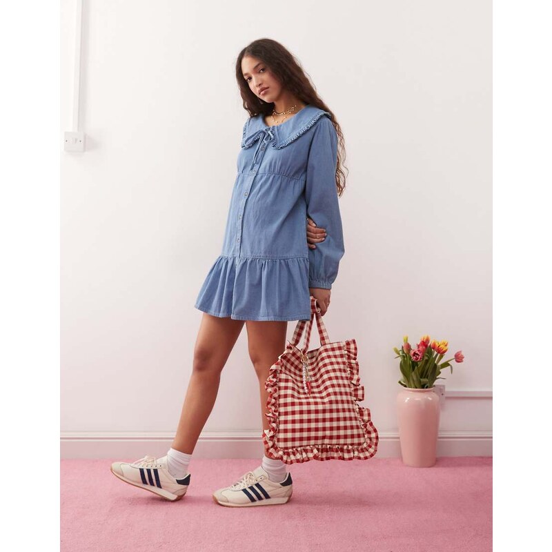 Miss Selfridge tie front ruffle midi dress in blue wash 106168220
