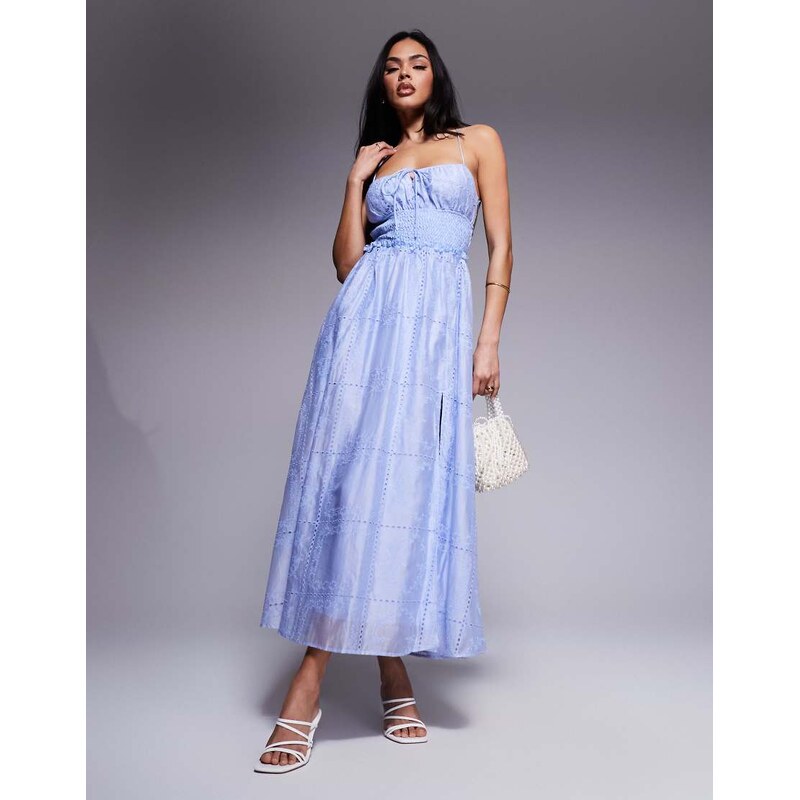 Love Triangle embroidered midaxi dress with shirred waist and lace up 114405487