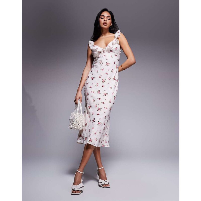 Love Triangle frill v-neck midi dress in textured floral check-Pink 105858400